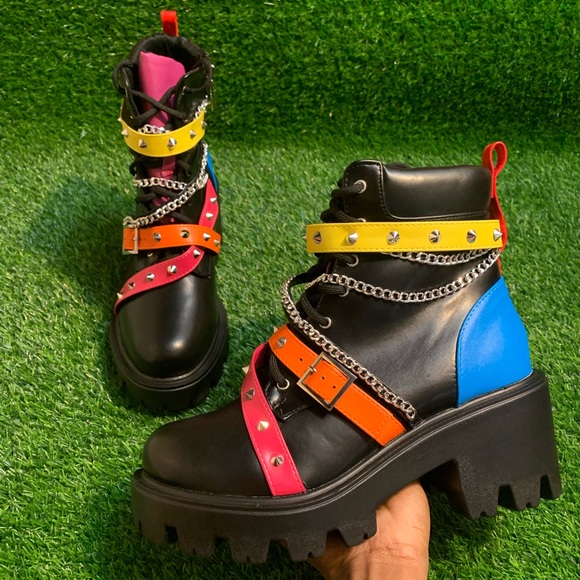 Platform Combat Boots with Multicolor Straps - Picture 6 of 12